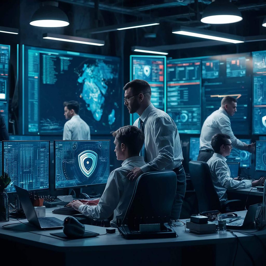 group of men are sitting in front of a computer screen that shows a digital shield